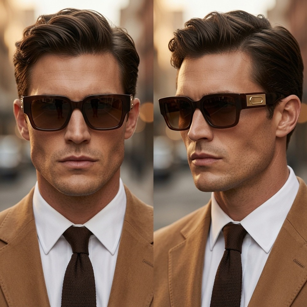 Mens Square Sunglasses Dark Brown Lens Outdoor UV400 Protection Classy Shades